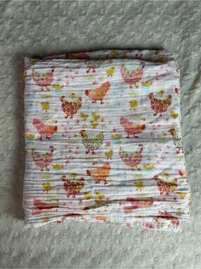 Mud Pie Pink Floral Chickens Baby Swaddle Blanket Muslin Chicks Hens Yellow Farm